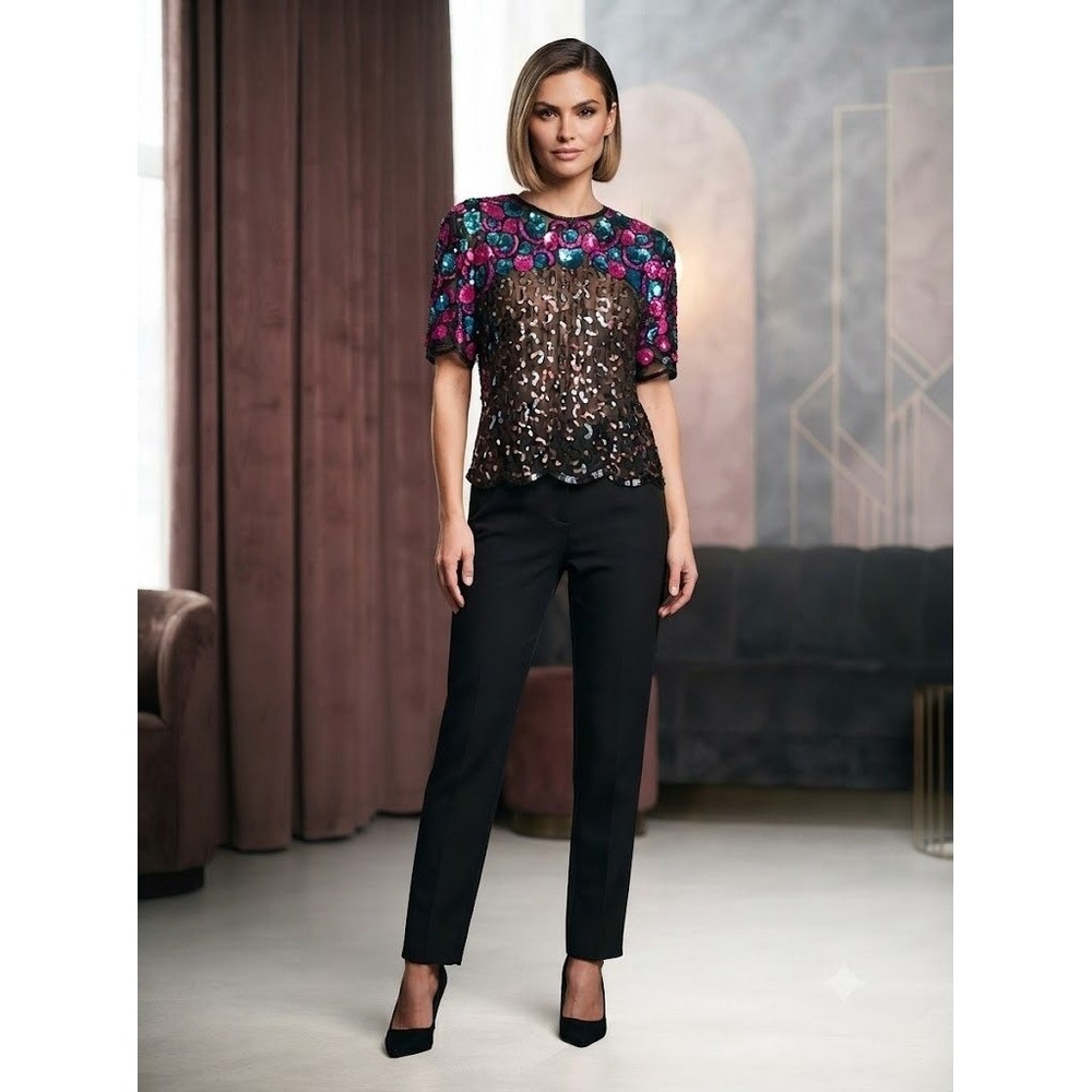 Vintage Stemay 80s Electric‎ Neon Sequin Embellished Top Black Magenta Blue PM